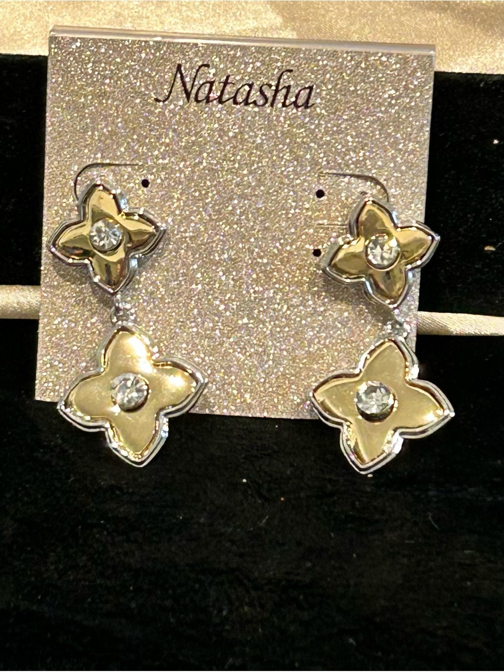 Natasha Couture Two-Tier Gold Flower Drop Earrings with Clear Stones